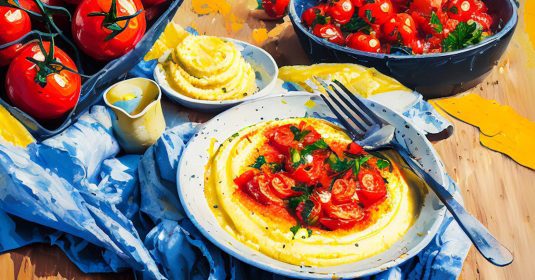Von KI erzeugtes Bild einer Polenta mit Tomatensauce, dekoriert mit Tomaten und Tessiner Essutensilien.